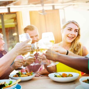 friends toasting at a restaurant