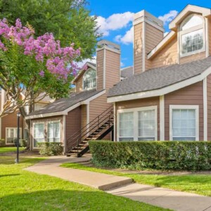 building with blooming tree in front